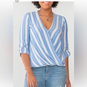 Kut from the Kloth Blue & White Striped Surplice  Long-Sleeved Blouse